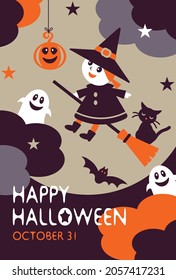 Halloween design.Halloween moonlit night.Cute witch with pumpkin,cat,bat,ghost.For greeting card,invitation,poster,banner etc.