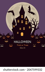 Halloween design.Halloween night.Mansion and pumpkin lanterns With the moon background.