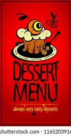 Halloween dessert menu card cover, scary muffin with eye illustration