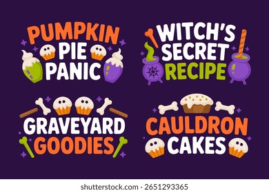 Halloween dessert sticker set, pumpkin pie panic, witchs secret recipe, graveyard goodies, cauldron cakes, spooky treat label, party design