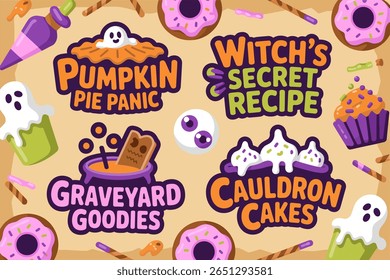 Halloween dessert sticker set, pumpkin pie panic, witchs secret recipe, graveyard goodies, cauldron cakes, spooky treat label