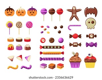 Halloween desserts. Colorful trick or treat sweets for kids, cartoon candy bar decorated with scary elements for traditional October party. Vector set. Spooky cookies in shape of skeleton, skull