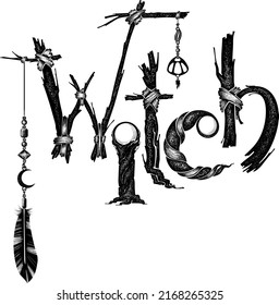 Halloween detail.Hand drawn lettering.Witchcraft mystical magic elements.