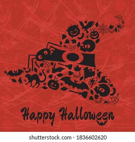 Halloween details with the text in a shape of a hat on the orange grunge background. Vector illustration.