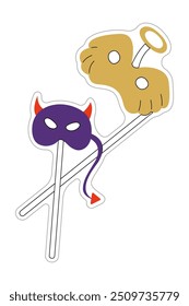 Halloween devil and angel masks on a stick sticker. Color flat vector illustration.