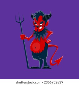 Caricatura del diablo de Halloween o noche de horror monstruo malvado, caricatura vectorial divertida. Símbolo de celebración de Halloween demonio del infierno rojo con cuernos, tridente y sombría sonrisa para los niños truco o fiesta de bienvenida