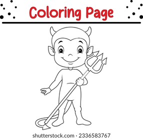 Halloween devil coloring page for children. Black and white vector illustration for coloring book