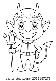 Halloween devil coloring page for kids featuring a cute cartoon demon holding a trident