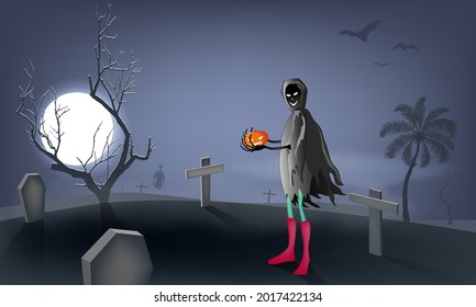 Halloween, Devil holds a pumpkin in the graveyard on a spooky night. Vector illustration.
