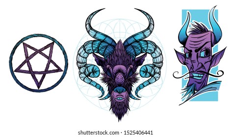 Halloween Devil Portraits and pentagram on a white background. Cartoon style. Vector.