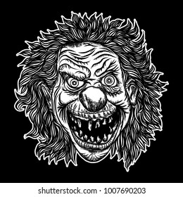 Halloween devil scary clown front head. Smiling clown monster with big eyes and wide angry smile. Blackwork adult tattoo flash line style and poster, print, t-shirt concept design. Vector.