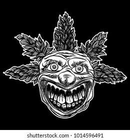 Halloween devil scary clown front head. Smiling clown monster with big eyes and wide angry smile. Blackwork adult tattoo flash line style and poster, print, t-shirt concept design. Vector.