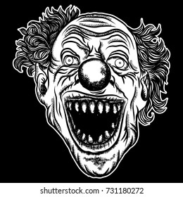 Halloween devil scary clown front head. Smiling clown monster with big eyes and wide angry smile. Blackwork adult tattoo flash line style and poster, print, t-shirt concept design. Vector.