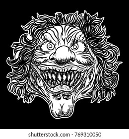 Halloween devil scary clown front head. Smiling clown monster with big eyes and wide angry smile. Blackwork adult tattoo flash line style and poster, print, t-shirt concept design. Vector.