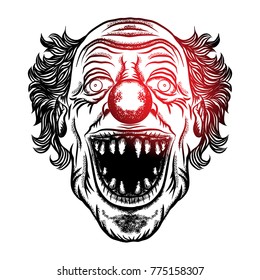 Halloween devil scary clown front head. Smiling clown monster with big eyes and wide angry smile. Blackwork adult tattoo flash line style and poster, print, t-shirt concept design. Vector.