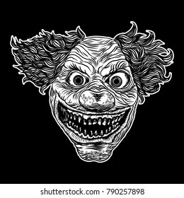 Halloween devil scary clown front head. Smiling clown monster with big eyes and wide angry smile. Blackwork adult tattoo flash line style and poster, print, t-shirt concept design. Vector.