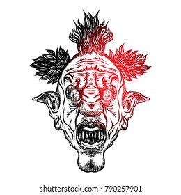 Halloween devil scary clown front head. Smiling clown monster with big eyes and wide angry smile. Blackwork adult tattoo flash line style and poster, print, t-shirt concept design. Vector.