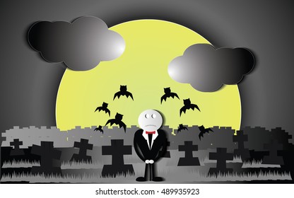 Halloween, Devil stand at graveyard, tombstone under yellow full moon, paper cut style. Vector illustration image design.