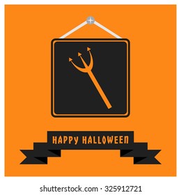 Halloween Devil trident icon. Black Happy Halloween Ribbon Banner on Orange background. Vector illustration