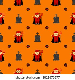 Halloween devil vector pattern. Cartoon style. Kawaii character. Trick or treat. Cute symbols of the holiday. Funny illustration. For fabrics, textiles, cards, backgrounds and wrapping papers.