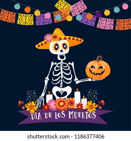 Halloween  Dia de los Muertos greeting card  Mexican Day the Dead invitation  Skeleton and sombrero hat holding freaky pumpkin  Flowers   candles decoration  Paper cut party flags  light bulbs 