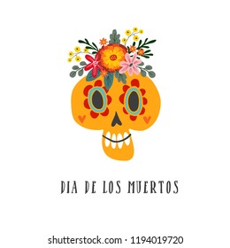 Halloween, Dia de los Muertos greeting card. Mexican Day of the Dead invitation. Decorative sugar skull, calavera catrina, and marigold flowers. Isolated vector illustration background.