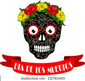 Halloween, Dia de los Muertos greeting card. Mexican Day of the Dead invitation. Decorative ribbon, sugar skull . Isolated vector illustration background