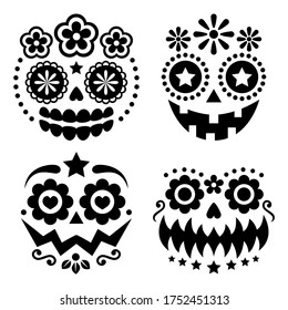 
Halloween and Dia de los Muertos skulls and pumpkin faces vector design - Mexican sugar skull style decoration. Day of the Dead scary faces with flowers and geometric shapes in black isolated on white background