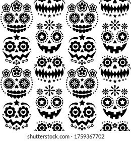 Halloween and Dia de los Muertos skulls and pumpkin faces vector seamless pattern - Mexican sugar skull style texile design. 