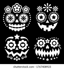 Halloween and Dia de los Muertos skulls and pumpkin faces vector design - Mexican sugar skulls in white on black background. Day of the Dead scary faces with flowers and geometric shapes on black i