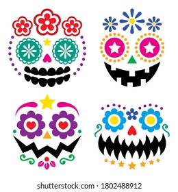 Halloween and Dia de los Muertos skulls and pumpkin faces vector color design - Mexican sugar skull style decoration. Day of the Dead scary faces with flowers and geometric shapes isolated on white