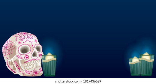 Halloween Dia De Los Muertos celebration background with skull and candles