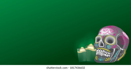 Halloween Dia De Los Muertos celebration background with skull and candles