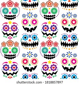 Halloween and Dia de los Muertos skulls and pumpkin faces vector seamless pattern - color Mexican sugar skull style texile design. Day of the Dead scary faces with flowers and geometric shapes 