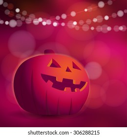 Halloween or Dia de los muertos greeting card, invitation with freaky pumpkin and lights, vector illustration 