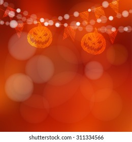 Halloween or Dia de los muertos (Day of the Dead) card, invitation with garland of lights, pumpkins and party flags, vector illustration background