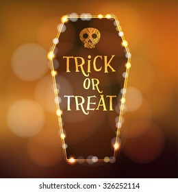Halloween or Dia de los muertos (Day of the Dead) card, invitation with illuminated coffin and scull, vector illustration background