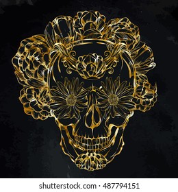 Halloween. Dia de los Muertos. skull adorned with flowers. Tattoo design. Vector illustration. Handmade