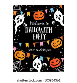 Halloween or Dia de los Muertos card, party invitation. Decoration with freaky pumpkins, party flags, ghosts, spiders net. Vector illustration background. Flat design.