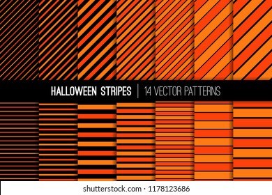 
Halloween Diagonal and Horizontal Stripes Vector Patterns in Two Tone Orange and Black. Modern Striped Backgrounds. Variable Thickness Lines. Pattern Tile Swatches Included.