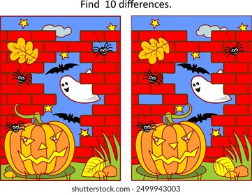 Halloween-Unterschied Spiel oder Bild-puzzle. Finden Sie 10 Unterschiede mit Kürbis, roten Ziegelmauer Ruine, Spinnen, Fledermäuse und niedlichen kleinen Geist. 
