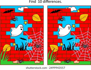 Halloween difference game or picture puzzle. Find 10 differences with spooky little ghost in tne night, red brick wall ruin, spiders, bats. 
