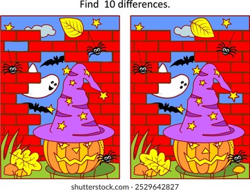 Halloween difference game or picture puzzle. Find 10 differences with witch hat, pumpkin, red brick wall ruin, spiders, bats and cute little ghost. 
