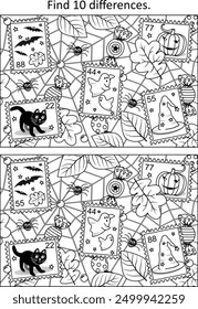 Halloween-Differenz-Spiel mit Spinnennetz, Briefmarken, Süßigkeiten, fallenden Blättern
