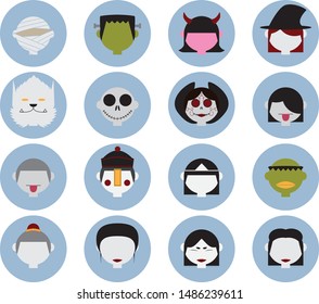 Halloween in different country avatar isolated vector illustration set 