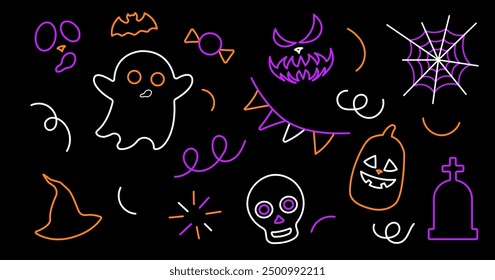 Objeto diferente de Halloween sobre fondo negro. Conjunto de siluetas de Objetos y personajes de Halloween. Vector de concepto de vacaciones nacionales estacionales