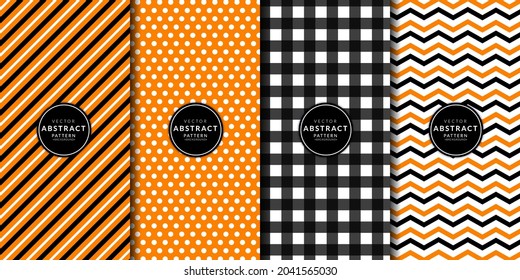 Halloween digital paper. Abstract geometric buffalo check and gingham pattern set. Orange, Black, White, Chevrons, Zigzag, Polka dots, Line stripes. Endless texture with decorative fabric.
