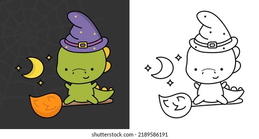 Halloween Dinosaur Clipart For Coloring Page And Illustration. Adorable Clip Art Halloween T Rex. Cute Vector Illustration Of Halloween Kawaii Dino In Witch Costume.
