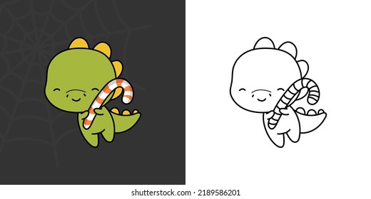 Halloween Dinosaur Clipart Multicolored And Black And White. Beautiful Clip Art Halloween T Rex. Cute Vector Illustration Of A Kawaii Halloween Dino With Sweets.
