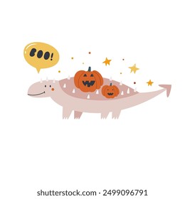 Halloween Dinosaur Illustration, Spooky Dino with Jack-o-Lantern Pumpkins